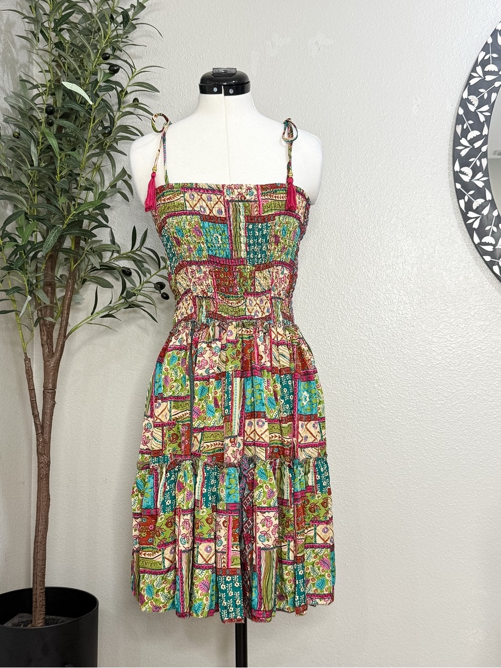 Boho Patchwork Tie-Shoulder Sundress - Multicolor